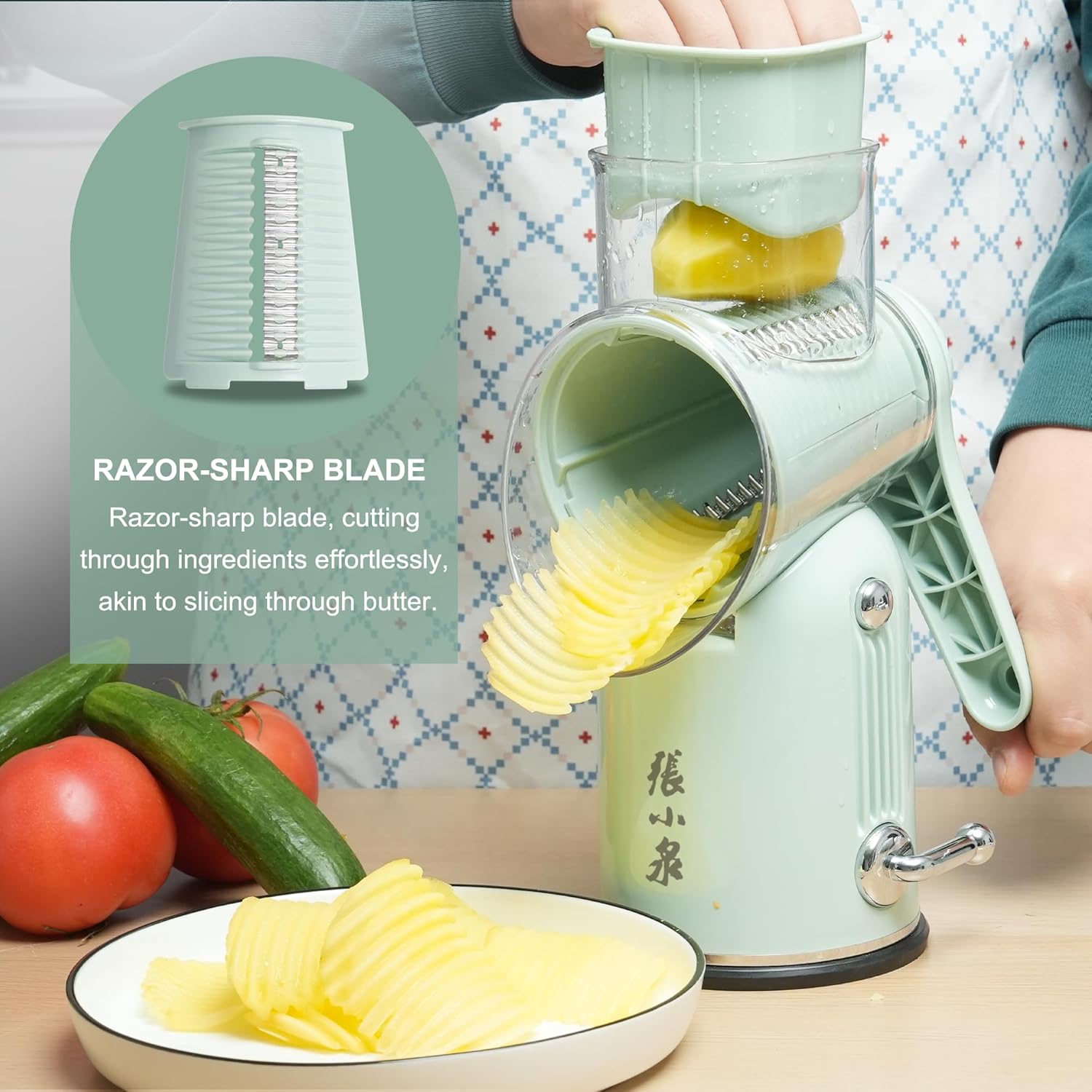 Rotary Cheese Grater Hand Crank with 5-in-1 Interchangeable Blades & Strong Suction Base Vegetables Shredder Manual Slicer for Kitchen, Green